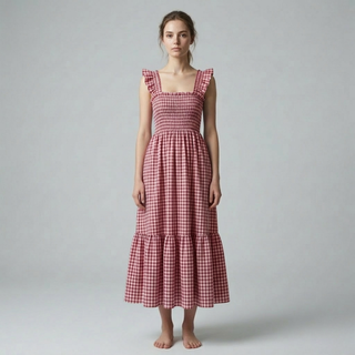 Woman wearing a red and white checkered dress on a gray background