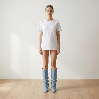 Person wearing a white t-shirt and light blue knee-high boots in a minimalistic setting