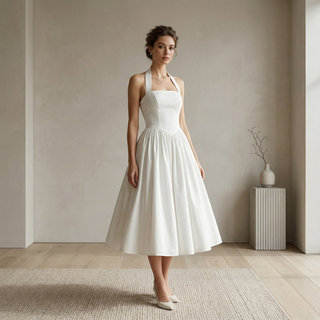 ltra-realistic lifestyle shot of a woman in a white halter-neck midi dress with a pleated A-line skirt in a minimalist studio.
