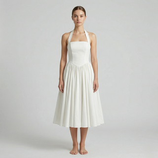 Full-length studio photo of a white halter-neck dress with a fitted bodice and voluminous pleated skirt on a model.