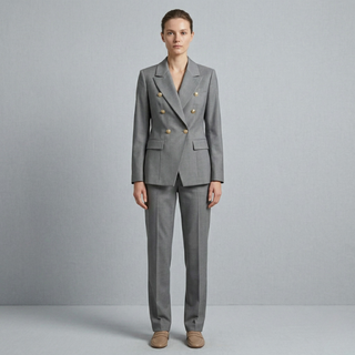 Front view of a tailored grey double-breasted suit for women, featuring a sharp silhouette and metallic button hardware.