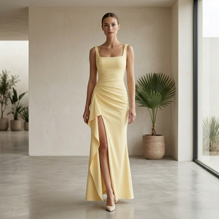 Ultra-realistic lifestyle shot of a woman in a pale yellow square-neck maxi dress with ruched waist and ruffled leg slit in a modern minimalist studio.
